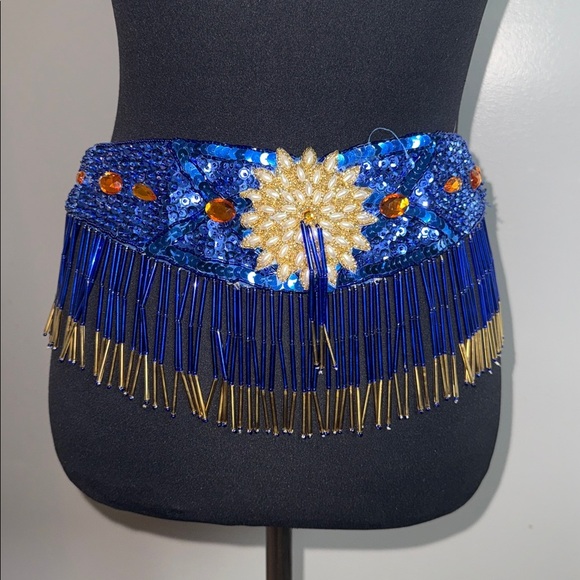 Vintage Beaded & Sequined Cabaret Belly Dance Hip Belt – Cobalt Blue & Gold main image 6